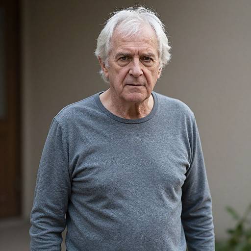 Photograph of an elderly man with white hair, wearing a gray long-sleeve shirt, standing outdoors against a neutral background.