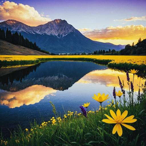 Mountain Lake at Sunset with Wildflowers