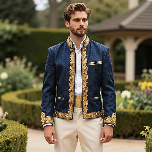 Man in Blue and Gold Formal Tunic in Garden