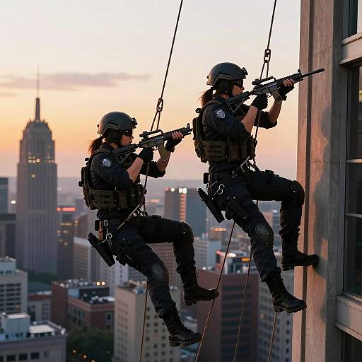 Photograph of two armed, black-clad SWAT officers rappelling from a skyscraper against a sunset-lit cityscape with tall buildings.