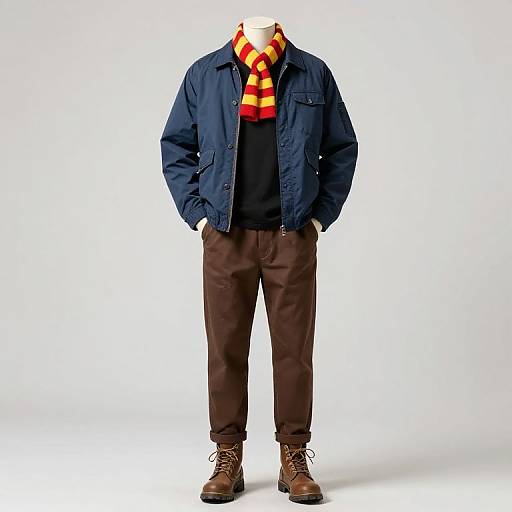 Photograph of a headless mannequin wearing a navy jacket, black sweater, red and yellow striped scarf, brown pants, and brown boots.