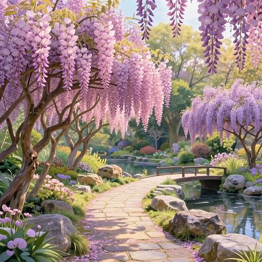 Photograph of a vibrant garden path lined with blooming purple wisteria trees, stone path, small wooden bridge over a reflective pond, surrounded by