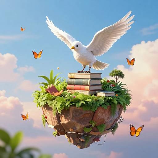 Digital illustration of a white dove with wings spread, standing on stacked books atop a floating rock island with greenery, surrounded by orange butterflies, against a