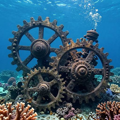 Photograph of underwater scene featuring large, rusted, interlocking gears surrounded by colorful coral reefs and marine life in bright blue water.