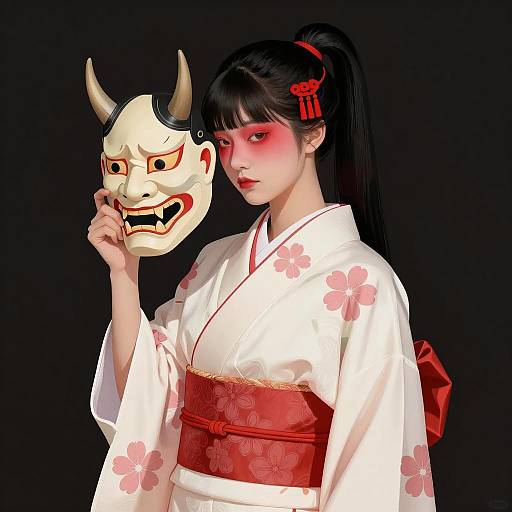 Japanese Woman in Kimono Holding Demon Mask