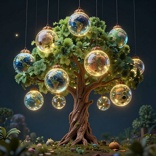 Photorealistic CGI image of a glowing tree with reflective, colorful Christmas ornaments hanging from its branches in a dark night setting.
