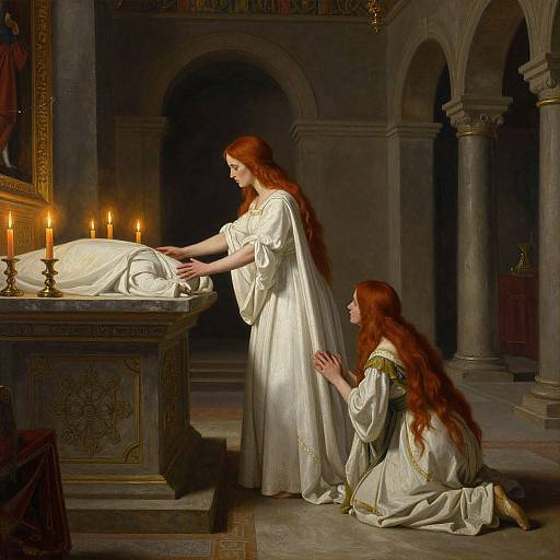 Digital painting of two red-haired women in white robes, one standing, one kneeling, lighting candles beside a draped altar in a dimly lit, arch