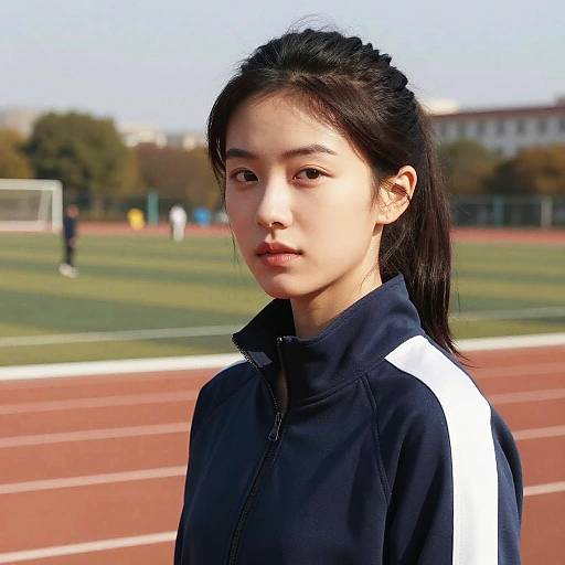 Photograph of an Asian teenage girl with straight black hair in a navy tracksuit with white stripes, standing on a sunny outdoor track field. Background includes