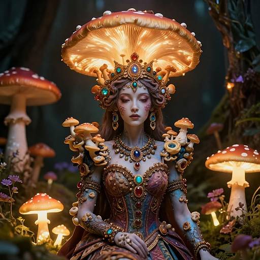 Fantasy illustration of an ethereal woman with glowing mushroom crown, adorned with jewels, in a magical forest with illuminated mushrooms.