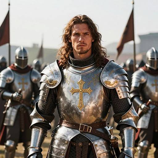 Photograph of a muscular man with long brown hair and beard, wearing reflective silver medieval armor with a gold cross, standing confidently in front of a blurred