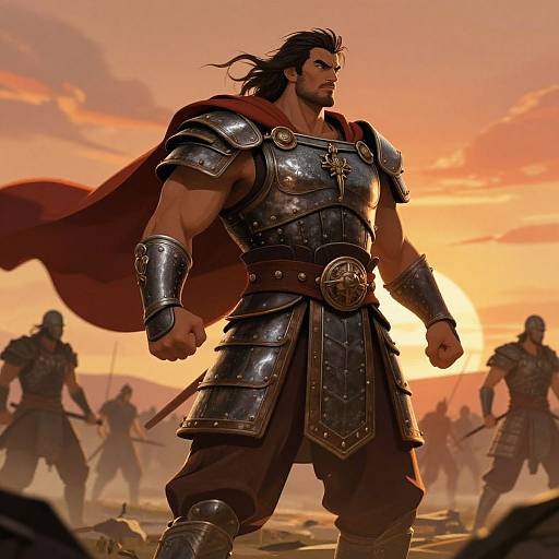 Digital art of muscular, bearded warrior in shiny silver armor and red cape, standing confidently at sunset, with armed soldiers in background.