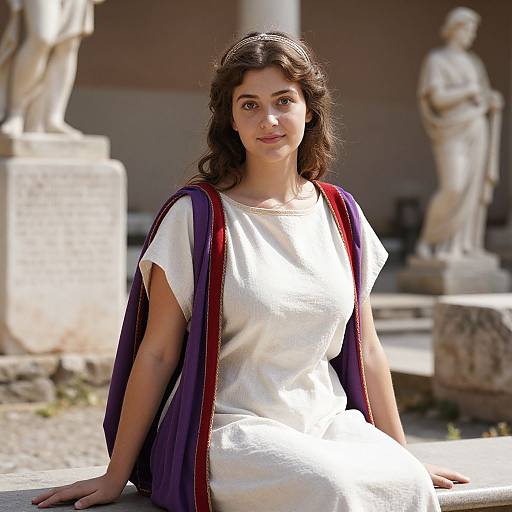 Photograph of a young woman with wavy brown hair, wearing a white dress and purple academic robe, seated outdoors among classical marble statues. Bright sunlight