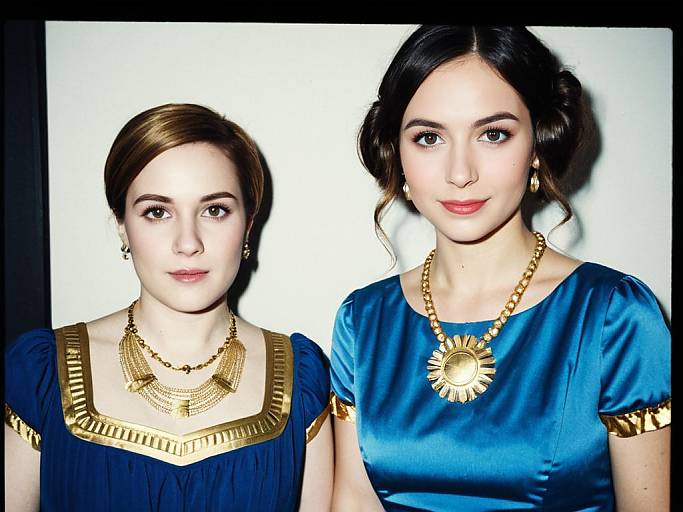 Photograph of two women with fair skin and dark hair, wearing blue satin dresses and gold jewelry, against a white background.