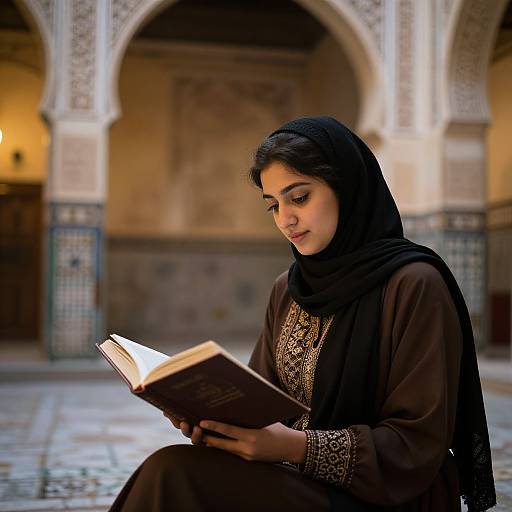 Photograph of a young woman with fair skin, dark hair in a black hijab, wearing a brown embroidered dress, reading a book in an orn