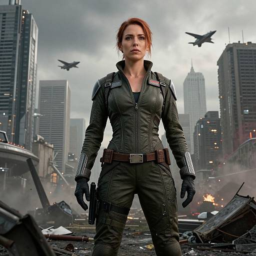 Photorealistic CGI of a determined red-haired woman in black tactical suit, standing in a war-torn cityscape with helicopters overhead.