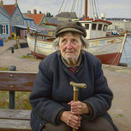 Photorealistic painting of an elderly man with a gray beard, wearing a flat cap and dark coat, sitting on a bench holding a cane, with