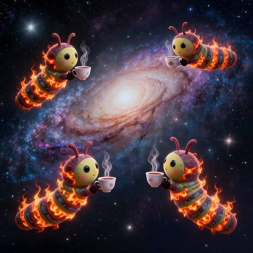 Digital art of four cute, fire-enchanted, bee-like creatures with yellow faces, holding white cups, floating around a glowing galaxy.