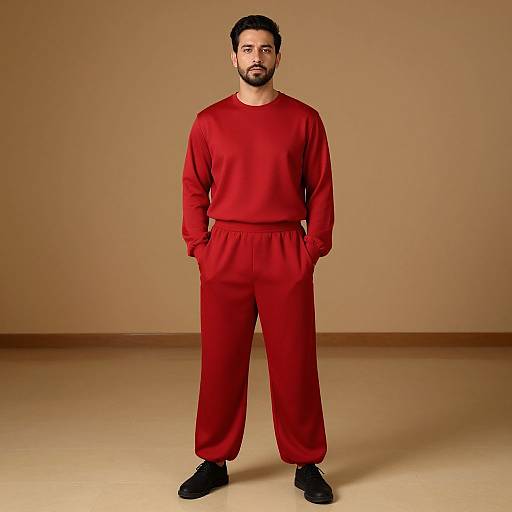 Photograph of a bearded man with short black hair, wearing a bright red long-sleeve shirt and matching red pants, standing against a plain