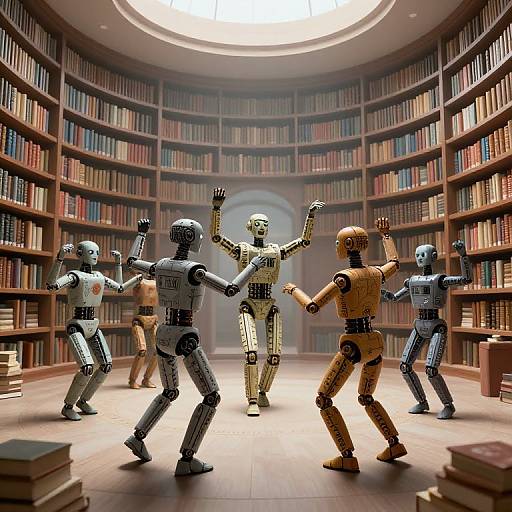 Photograph of six robotic figures dancing in a circular library with wooden bookshelves and a central skylight. Robots' varied designs are posed dynamically