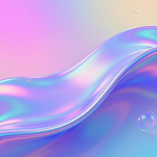 Abstract digital art featuring smooth, wavy, iridescent blue and pink gradients with reflective light highlights and small bubbles.