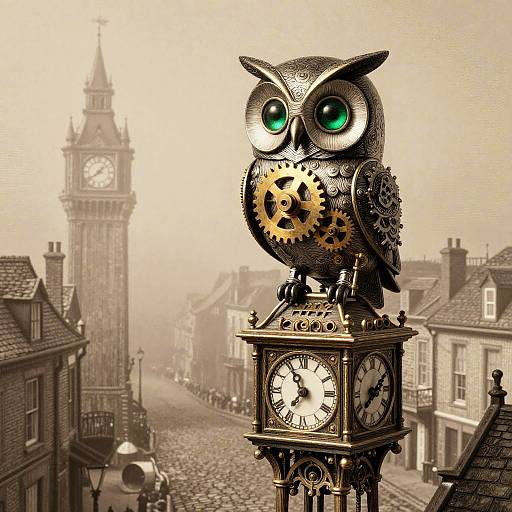 Steampunk Owl Automaton on Clock Tower