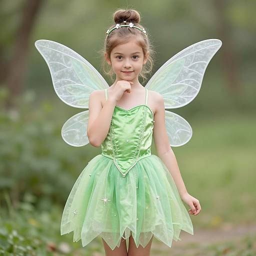 Photograph of a young girl with fair skin, brown hair in a bun, wearing a green fairy dress with translucent wings, standing in a green,