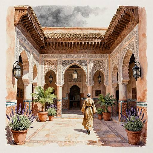Charming Moroccan Riad Courtyard Illustration