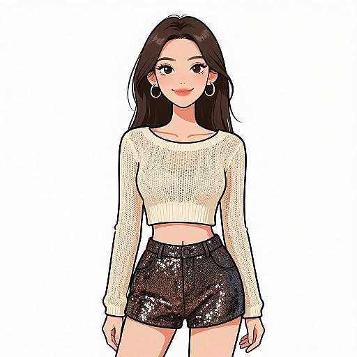 Digital anime-style drawing of a smiling young woman with long black hair, wearing a white long-sleeve crop top and sequined black shorts, standing