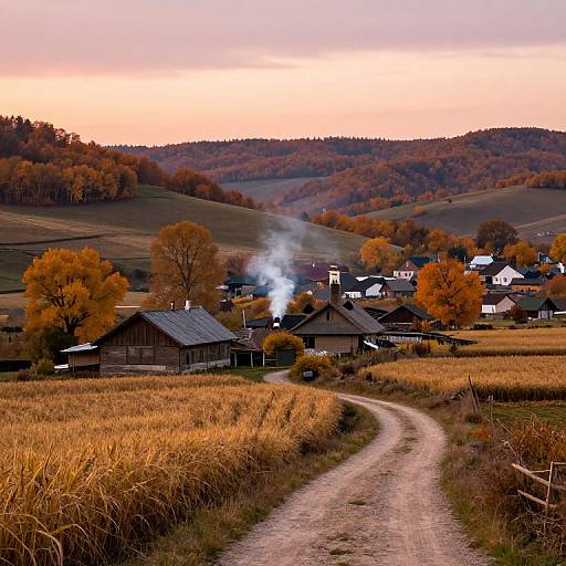 Photograph of a rural village at sunset with a winding dirt path, autumn-colored trees, and smoke rising from wooden houses.
