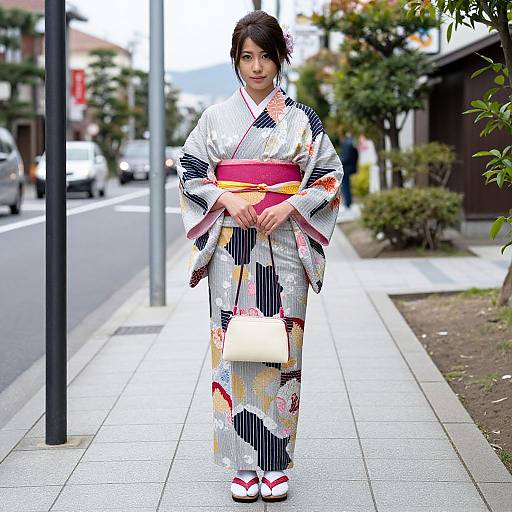 Photograph of a Japanese woman in a colorful yukata with black, white, and pink patterns, holding a small handbag, standing on a