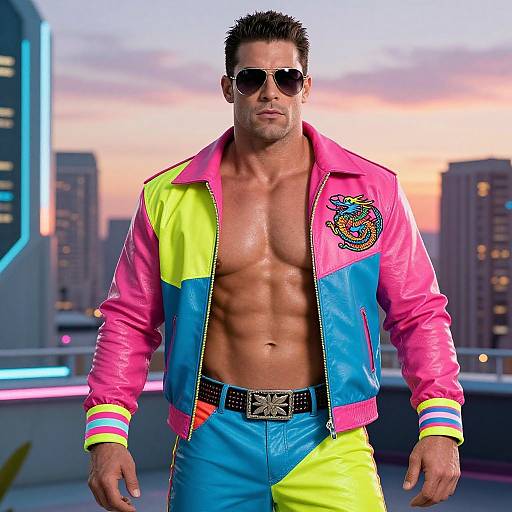 Photograph of a muscular man with short dark hair, wearing sunglasses, a colorful neon jacket, and blue pants, standing in front of a city skyline