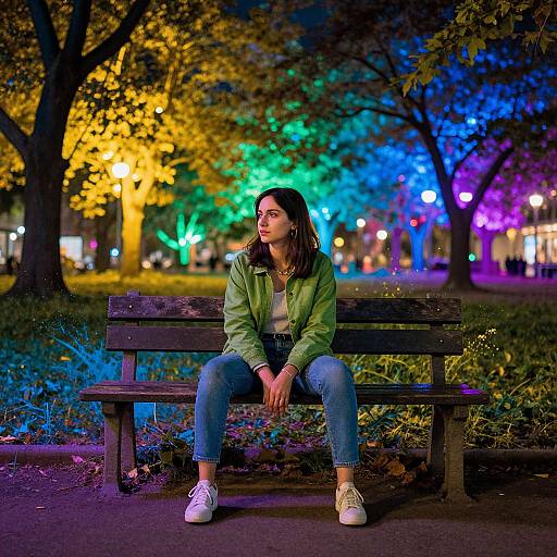 Photograph of a young woman with shoulder-length brown hair, wearing a green jacket, white tee, and blue jeans, sitting on a wooden bench in