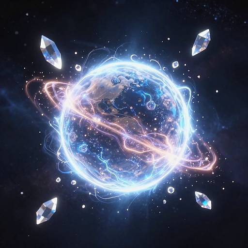 Digital art of a glowing, luminescent Earth with swirling blue and pink energy rings, surrounded by floating, sparkling crystals in a dark, star-filled