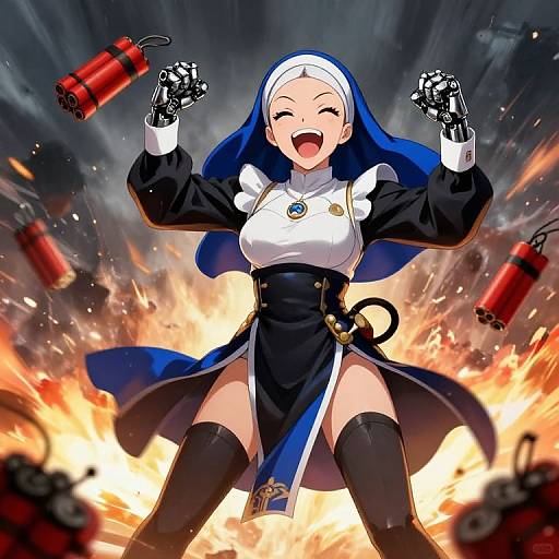 Anime-style digital illustration of a joyful, laughing nun with blue and white habit, black gloves, and thigh-high boots, surrounded by exploding bombs against a
