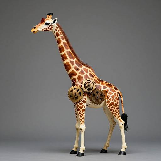 Photorealistic CGI of a giraffe with intricate clockwork mechanisms integrated into its body, standing against a gradient gray background.