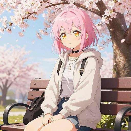 Anime-style digital drawing of a pink-haired girl with yellow eyes, wearing a white hoodie and denim shorts, sitting on a bench under cherry blossoms.