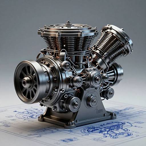Photorealistic 3D rendering of a shiny, detailed metal engine with intricate components, set on a technical blueprints background.