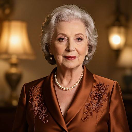 Photograph of an elegant elderly woman with short white hair, wearing a brown satin blouse with floral embroidery, pearl necklace, and earrings, standing in a