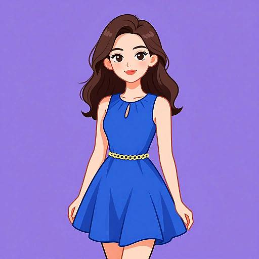 Digital anime-style drawing of a cute young woman with long brown hair, wearing a sleeveless blue dress with a white belt, smiling against a solid purple