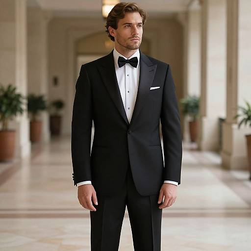 Photograph of a handsome, brown-haired man in a black tuxedo with white shirt and black bow tie, standing in a grand, sunlit