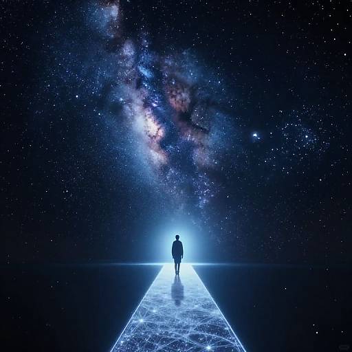 Silhouetted figure stands on glowing blue triangle, facing cosmic Milky Way backdrop in star-studded, dark space. Digital art.