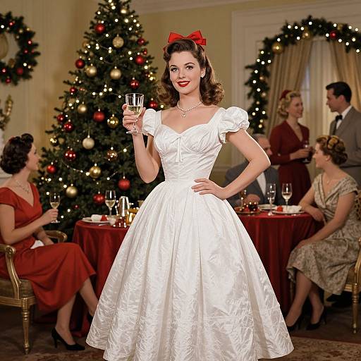 Vintage-style photograph of a smiling woman in a white, puffy, 1950s-style wedding dress with red bow, holding champagne, standing in