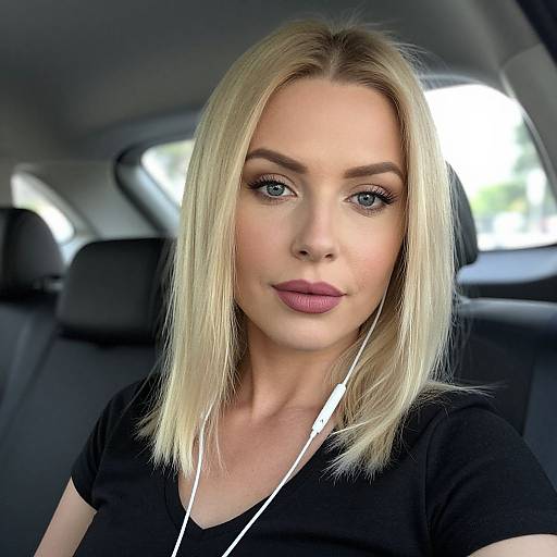 Photograph of a blonde woman with blue eyes, wearing a black top, seated in a car, with white earphones visible.
