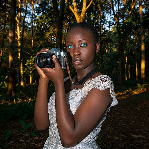 Photograph of a dark-skinned woman with striking blue eyes, holding a camera, wearing a white lace dress, in a sunlit forest.