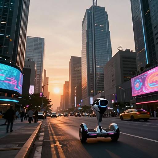 Photograph of a futuristic city street at sunset, featuring a sleek white hoverboard rider, neon billboards, and tall skyscrapers.