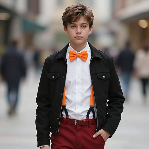 Photograph of a young boy with short brown hair, wearing a black jacket, white shirt, orange bowtie, red pants, and black suspenders