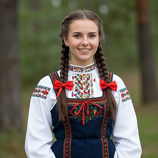 Photograph of a smiling young woman with braided brown hair, wearing a traditional white blouse with colorful embroidery and a black apron with red bows,