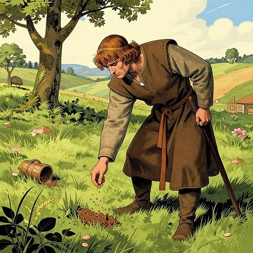 Medieval-style man with brown tunic and beard bends to pick up spilled seeds from overturned basket in lush, sunny meadow.