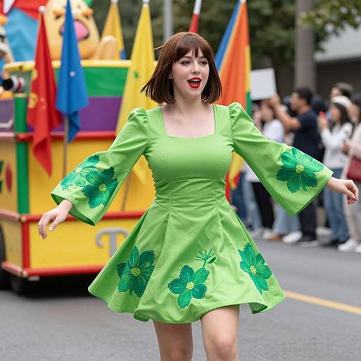 Photograph of a joyful woman with short brown hair, wearing a bright green dress with floral patterns, dancing in a colorful parade with a festive float and