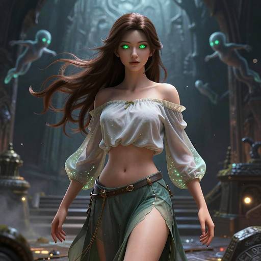 Digital fantasy artwork of a beautiful woman with glowing green eyes, long brown hair, off-shoulder white top, and green skirt, in a mystical